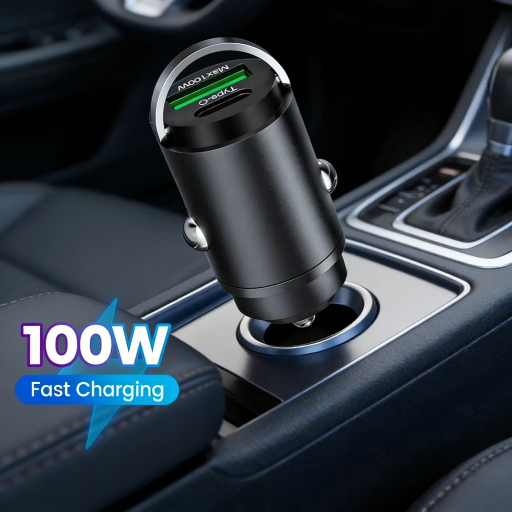 100W Mini Dual-Port Auto-Ladegerät PD QC3.0 Handy-Ladegerät Schnellladung für iPhone 17 Xiaomi Samsung Huawei mit Zugring Auto-Adapter