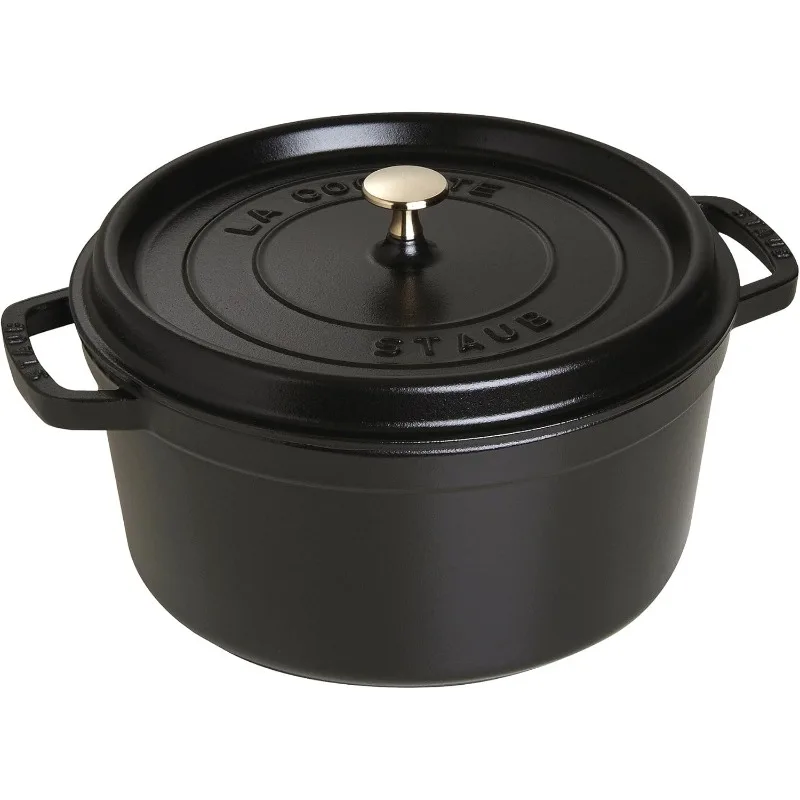 

STAUB Чугунная голландская духовка 7-квартовая круглая кокота, сделано во Франции, служит 7-8, черный матовый