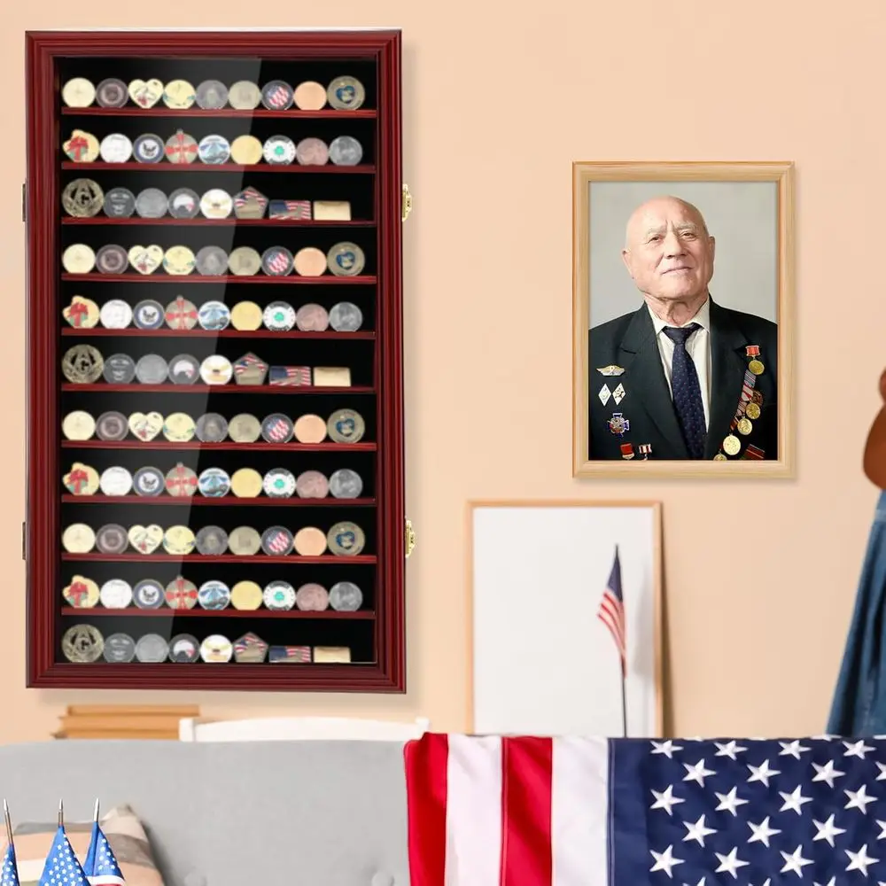 

Wooden Military Challenge Coin Display Case with Lockable Wall Mount for Medals, Poker Chips, and Souvenirs