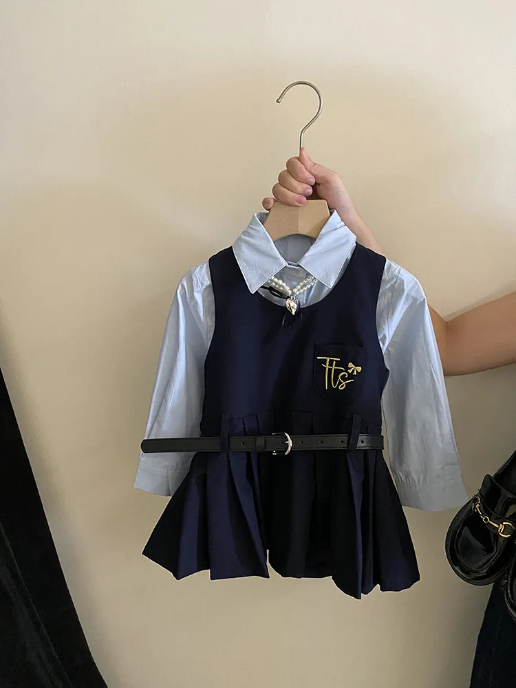 Girls' Preppy Style Suit2024Autumn New Solid Color Shirt Embroidered Letter Vest Skirt+Belt Children's Fashion