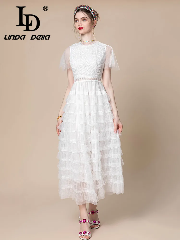 

LD LINDA DELLA Summer New Style Runway Designer Dress Women's White Hollow Out Netting embroider beading Cascading Dress