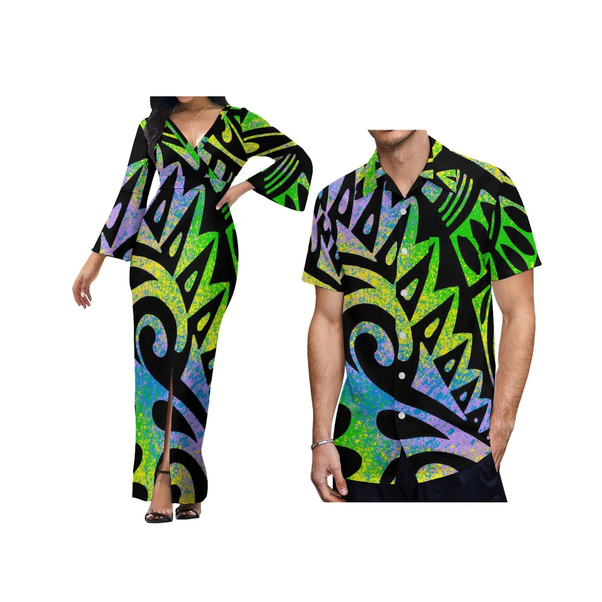 New Design Custom Logo Polynesian Print Deep V Neck Women Dress And Shirts Plus Size Lovers Matching Shirts