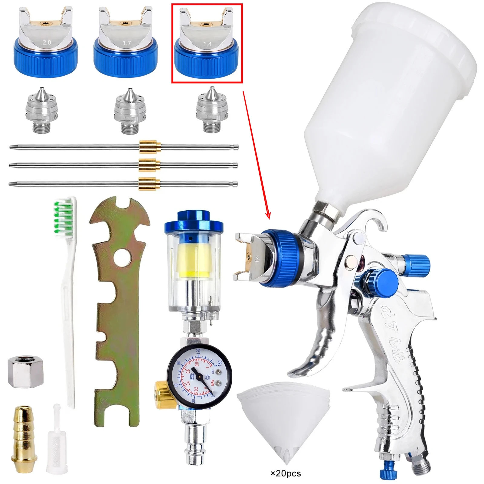 المهنية 1.4 مللي متر HVLP بندقية رذاذ عدة الجاذبية تغذية الهواء بندقية رذاذ لطلاء السيارات والأثاث ، دهان داي التمهيدي ، معطف واضح