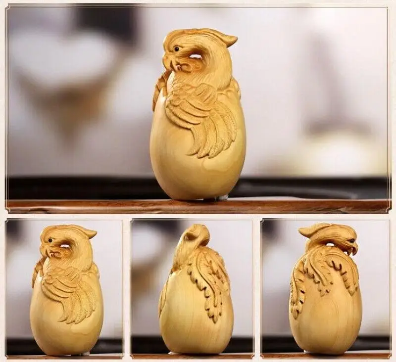 8*4.6*4.6 CM Hand Carved Boxwood Carving - Phoenix in Egg