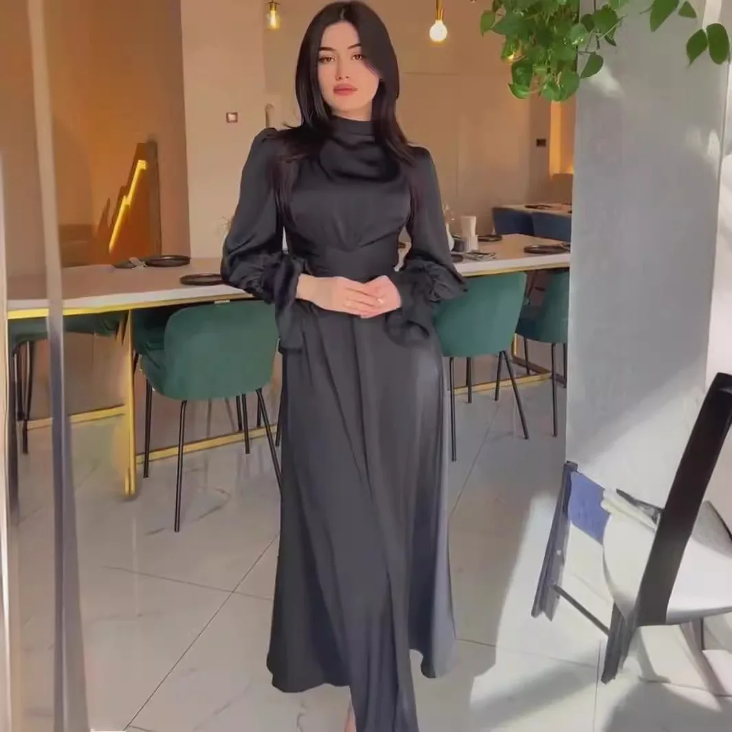 Long Dress New in Spring Fashion Satin Long Sleeves Elegant Robe Dress with Waist High Neck for Women's Commuting Evening Dress