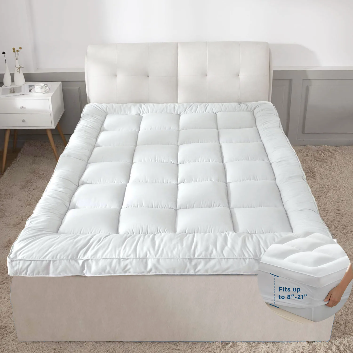 Mattress Topper for Back Pain Relief, Extra Thick Mattress Pad, Soft Plush Mattress Cover Bed Topper, Overfill Down Alternative