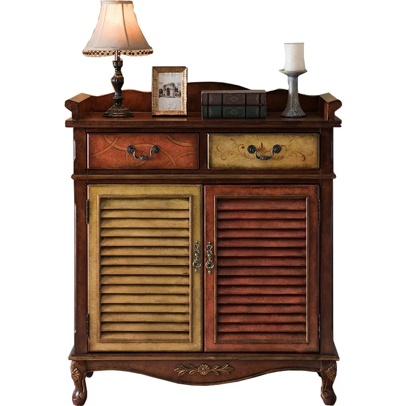 

Retro entrance cabinet wine cabinet old living room dining side cabinet storage hollow decorative