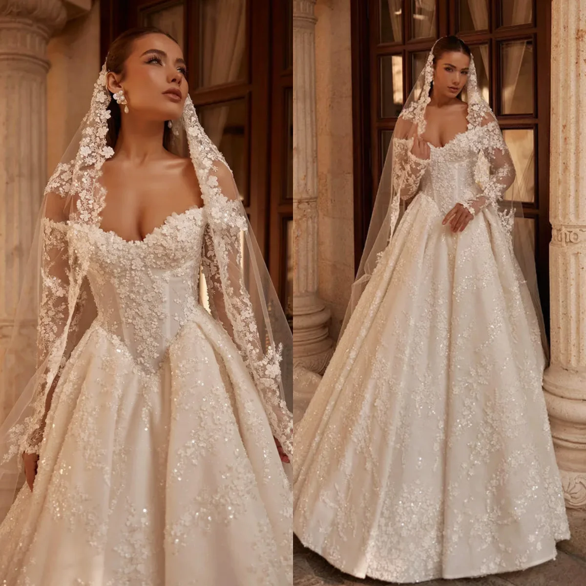 Luxuriöses Brautkleid mit Spitze und Herzausschnitt, schulterfrei, langärmlig, Ballkleid, A-Linie, elegantes Brautkleid, individuell anpassbar