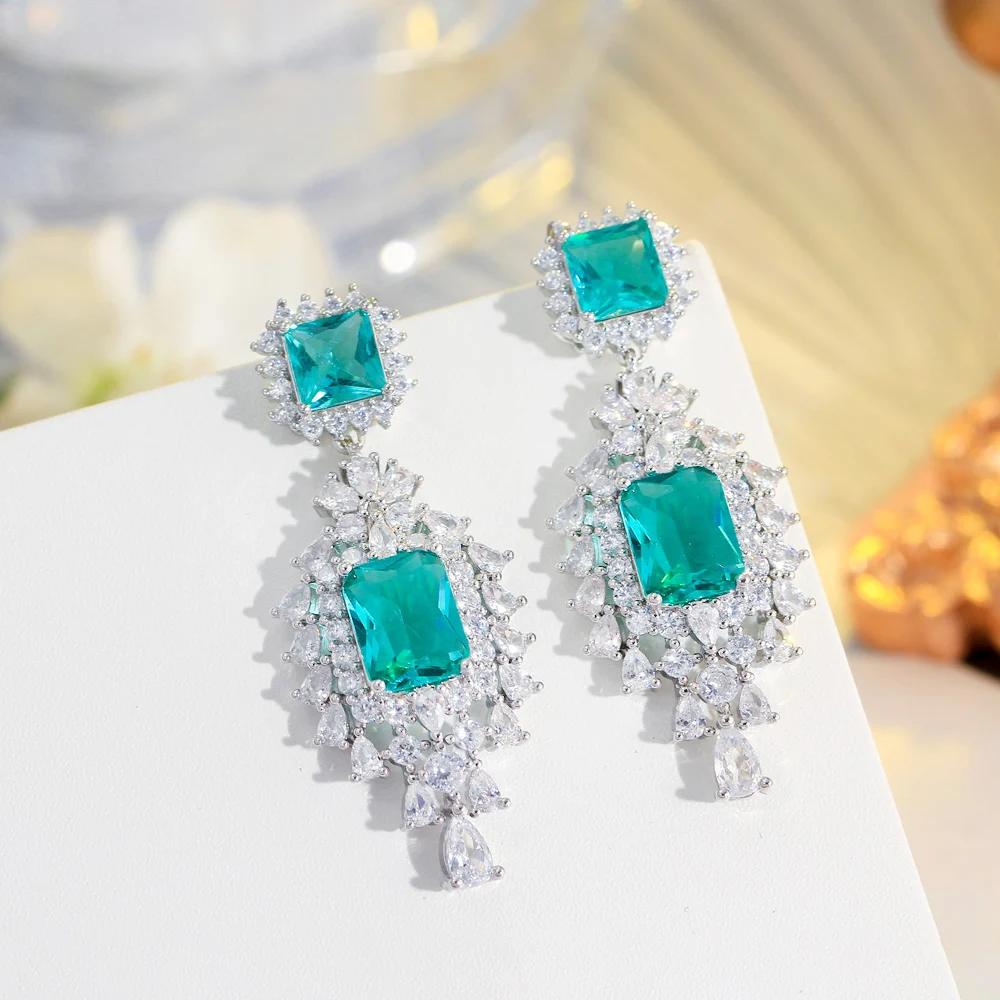 

ThreeGraces Elegant Light Green Cubic Zirconia Silver Color Long Geometric Dangle Bridal Earrings for Women Party Jewelry E1223