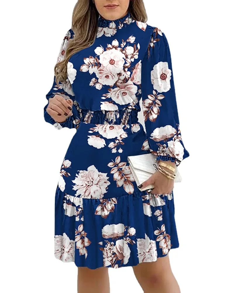 Abito longuette floreale da donna alla moda, manica lunga a lanterna, vita smockata, orlo con volant, ideale per occasioni casual
