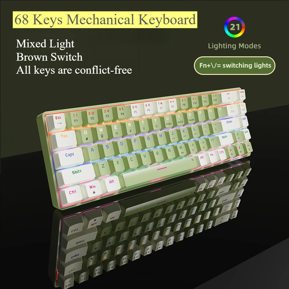 

68 Keys Green Mechanical Keyboard Wired Gaming Mixed Light Brown Switch Small Mechanical Keyboard Full Key Punchless