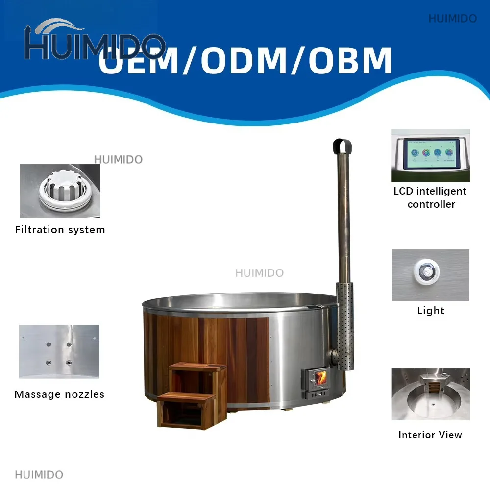 Luxury outdoor wooden hot tub Spa tub Wood fire heating Stainless steel shell Intelligent control screen Factory direct sales
