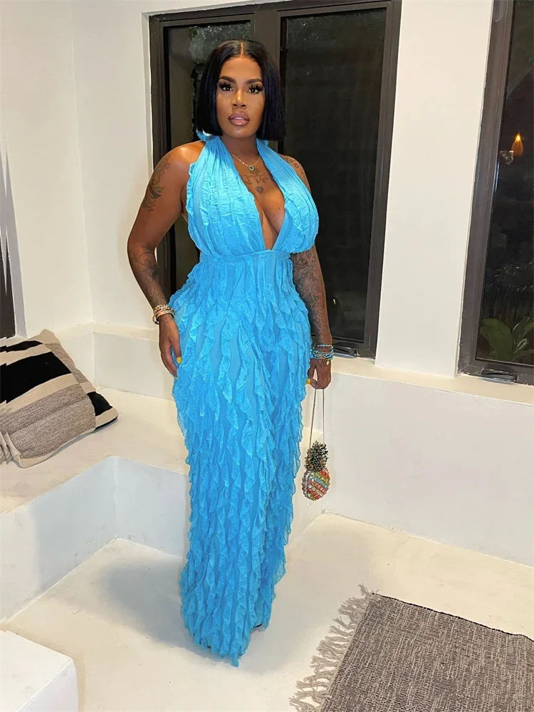 Wmster ジャンプスーツ女性のセクシーなパーティークラブロンパースフリルホルター背中の開いたノースリーブワイドレッグ遊び着新卸売ドロップシッピング