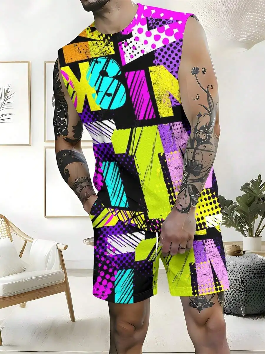 Conjunto de Camiseta sin Mangas de Hombros Anchos y Pantalones Cortos de Playa con Patrón Abstracto Colorido, Estilo Europeo y Americano, Primavera, Verano, Otoño 2026