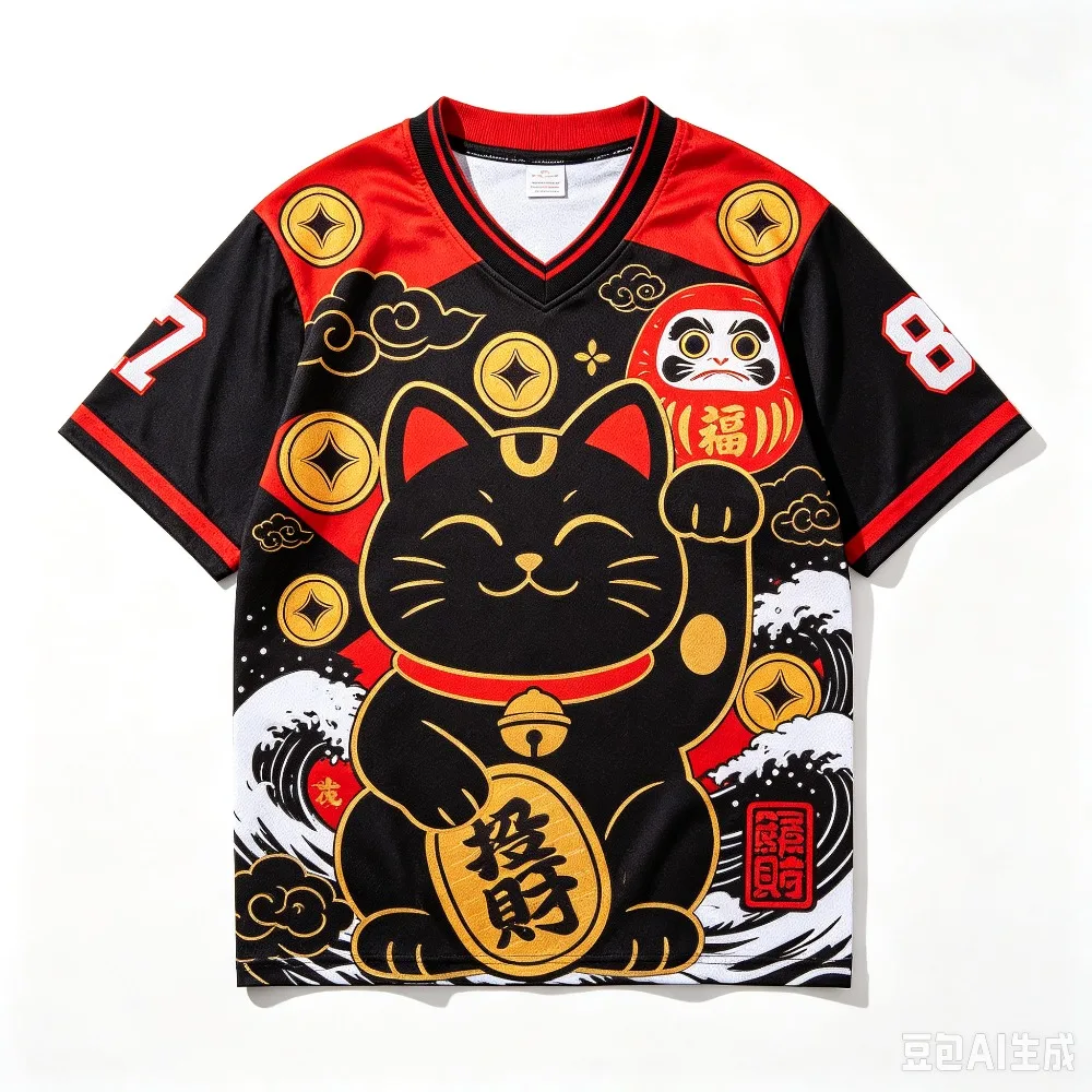 3D-Druck Herren Damen Japanische Glückskatze Maneki Neko Vollprint V-Ausschnitt Jersey T-Shirt Sommer Locker Lässig Streetwear Kurzarm-T-Shirt – Detail 4