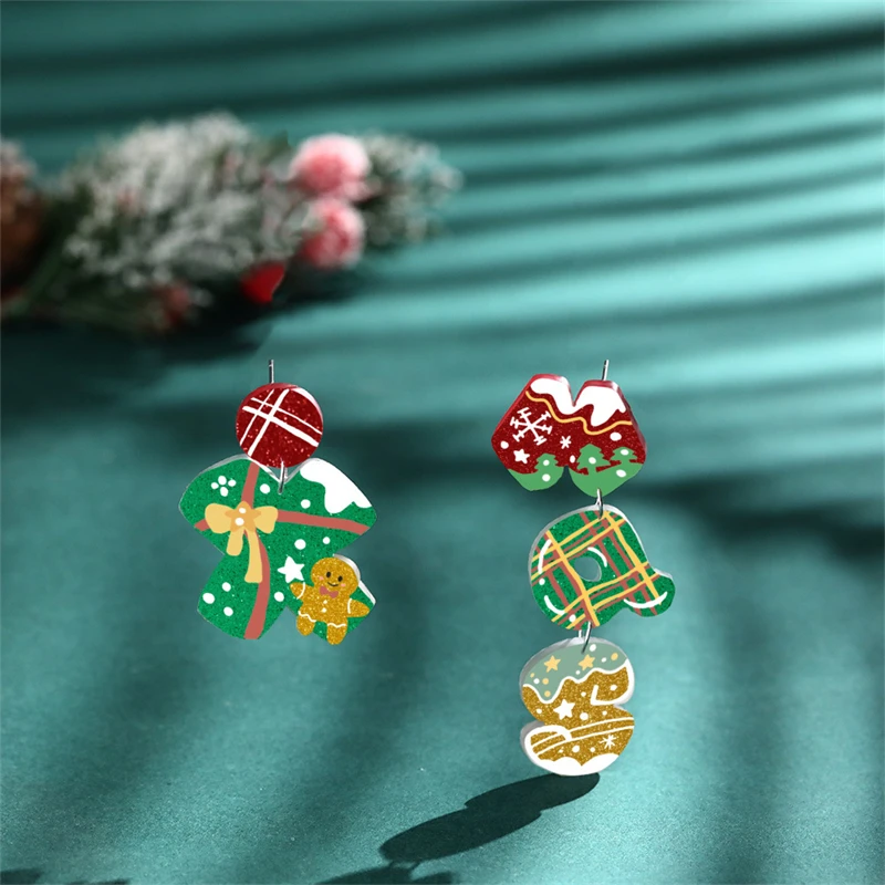 Christmas Gingerbread Man Santa Claus Asymmetrical Dangle Earring for Women Cute Xmas Hat Dog Kitten Acrylic Earrings Jewelry - Image 4