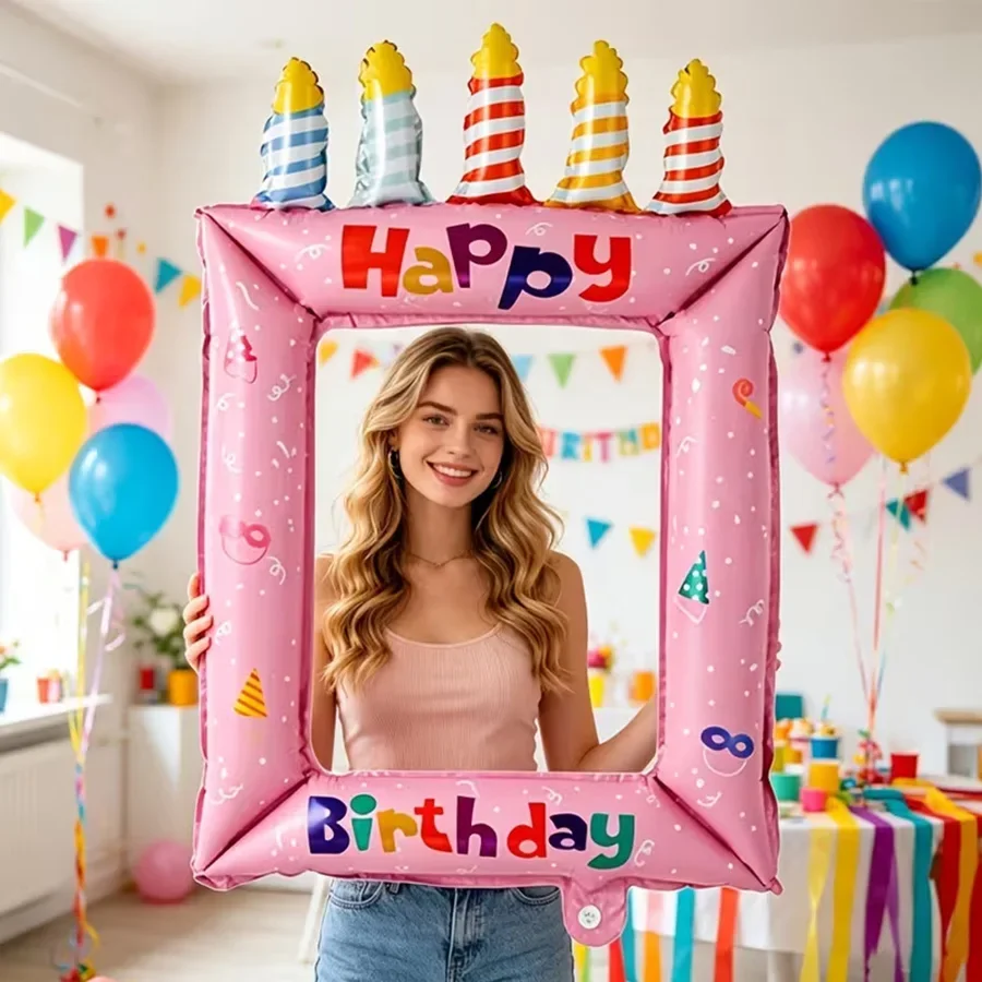 1/2 pièces Ballon en aluminium bleu rose avec cadre photo pour anniversaire, accessoires de toile de fond pour décorations de fête d'anniversaire