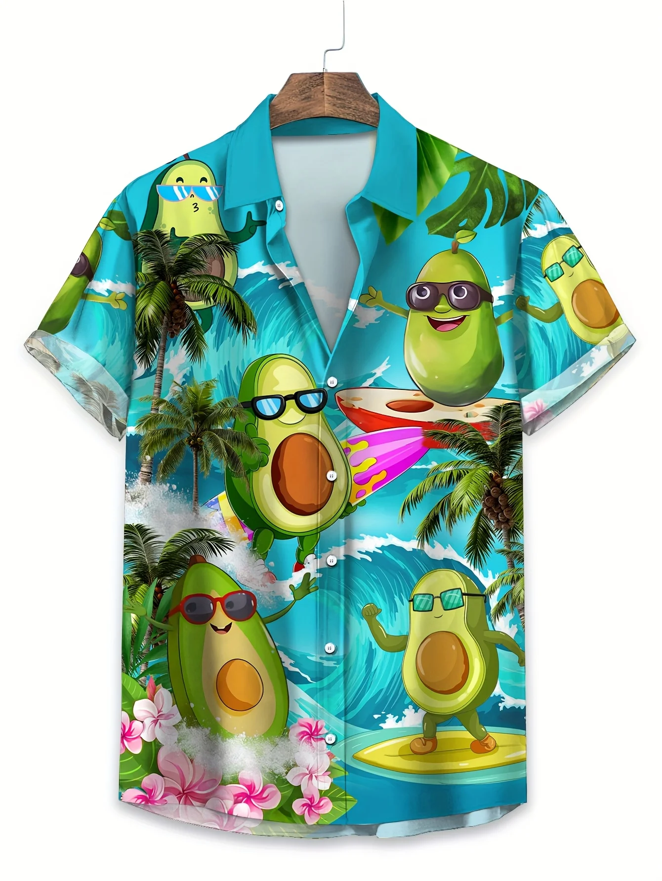 

Men Cartoon Surfing Avocado Fun Seaside Vacation Cuban Collar Short Sleeve Shirt