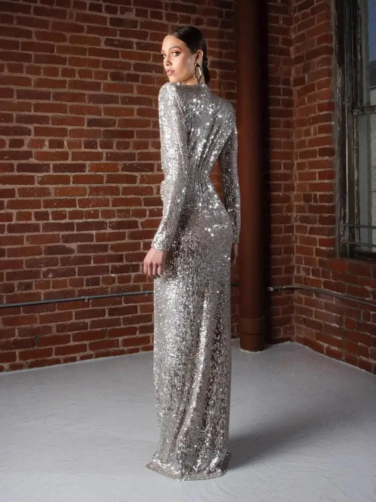 فستان سهرة جديد بتصميم عابر للحدود، تنورة طويلة مطوية، فتحة صدر عميقة بدون أكمام، مزين بالترتر اللامع، الأكثر مبيعًا على تيك توك #5