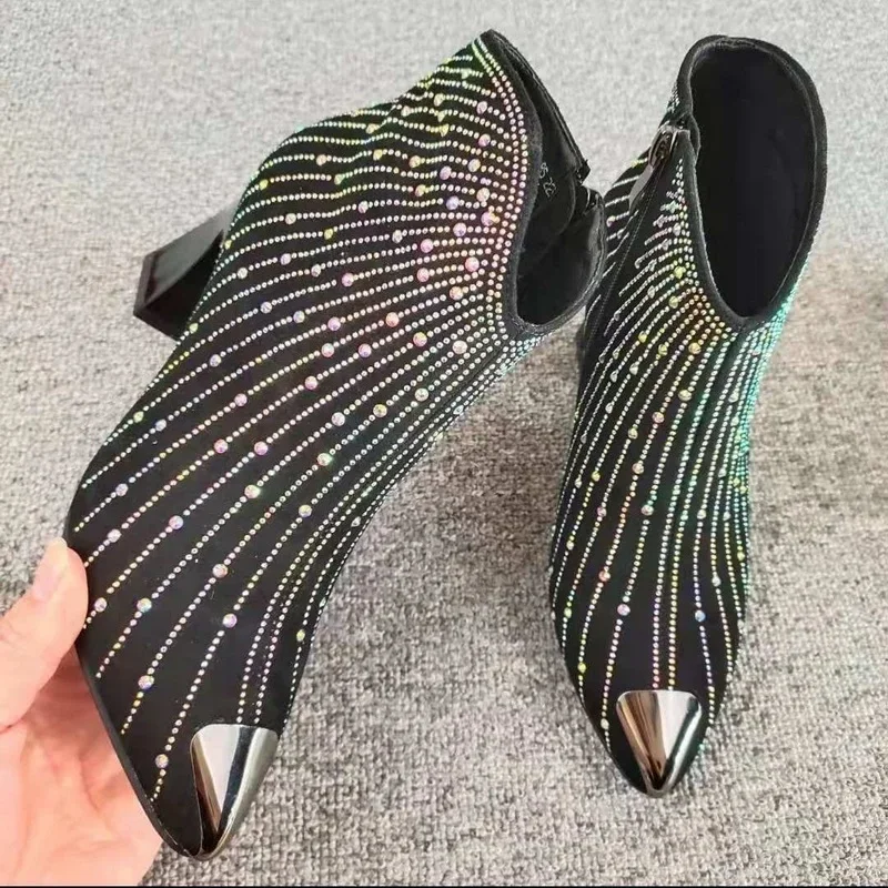 New Women Rhinestone Fashion Autumn/Winter Shoes Shine Short Botas Side Zip Pointed Toe Ankle Boots