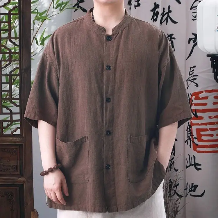 Summer New Style Chinese National Style Cotton Linen Men Short Sleeve Shirt Retro Collar Casual Loose Multi-purpose Top