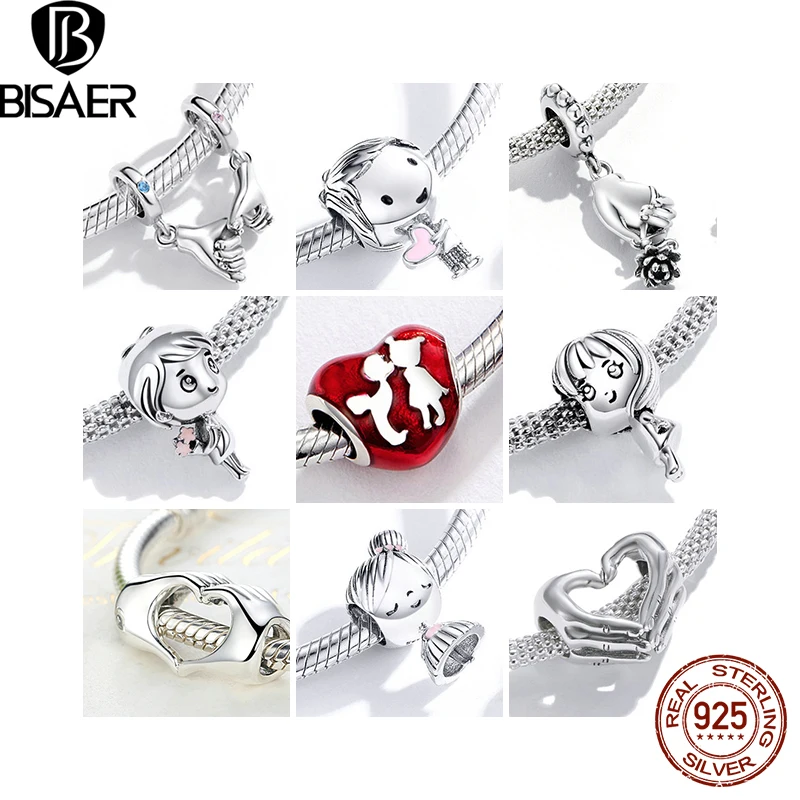 BISAER 925 Sterling Silver Couples Family Charm Girl Boy Mom Dad Love Interlocking Finger Pendant Fit Bracelets DIY Fine Jewelry