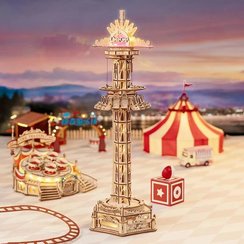 

Playground rotating cup flying chair three-dimensional wooden assembled toy model music box toy gift