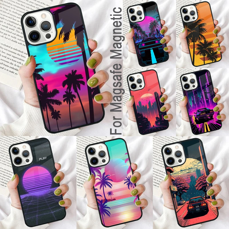 Hot Synthwave Retro 80s Neon Magnetic Soft Phone Case for iPhone 16 Promax 15 Pro 13 14 Plus 11 12 Mini MagSafe Coque