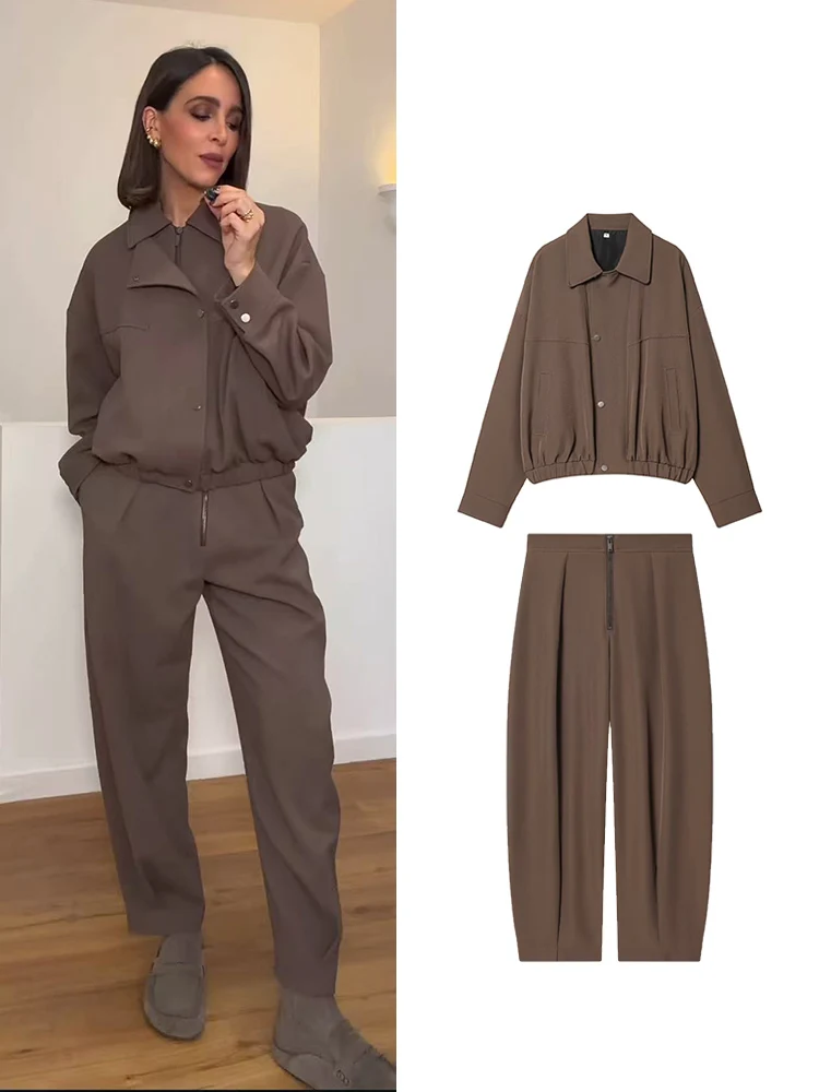 

TFMLN Женская куртка-бомбер, брюки, комплект с лацканами и длинными рукавами, свободное пальто на молнии, повседневные брюки, модная уличная одежда из 2 предметов, новинка 2026 г.