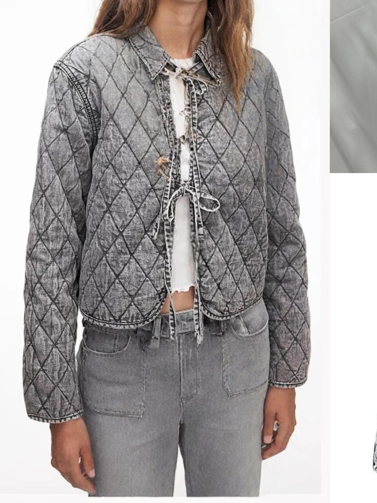 

Новые повседневные короткие куртки в стиле ретро, женская модная джинсовая стеганая куртка с бантом на шнуровке и лацканами с длинными рукавами, осенний свободный кардиган, верхнее пальто