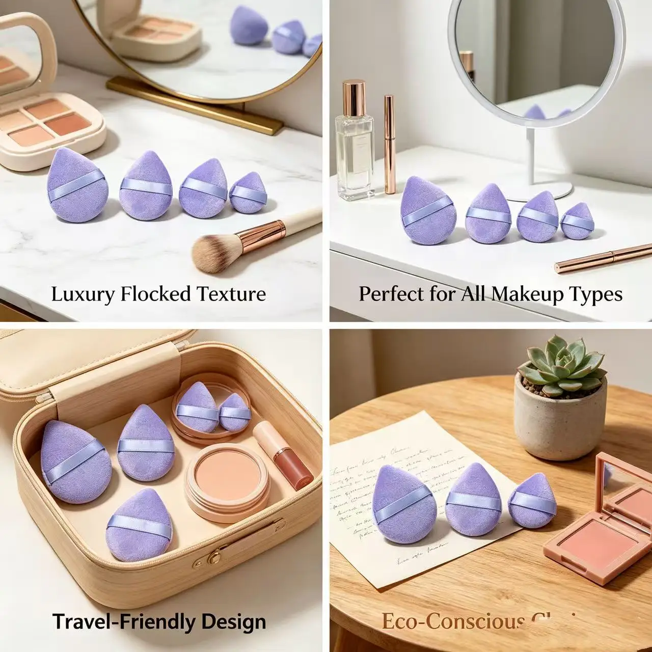 A set of 4 purple velvet-embossed drop-shaped powder puffs in various sizes, ideal for professional makeup application.