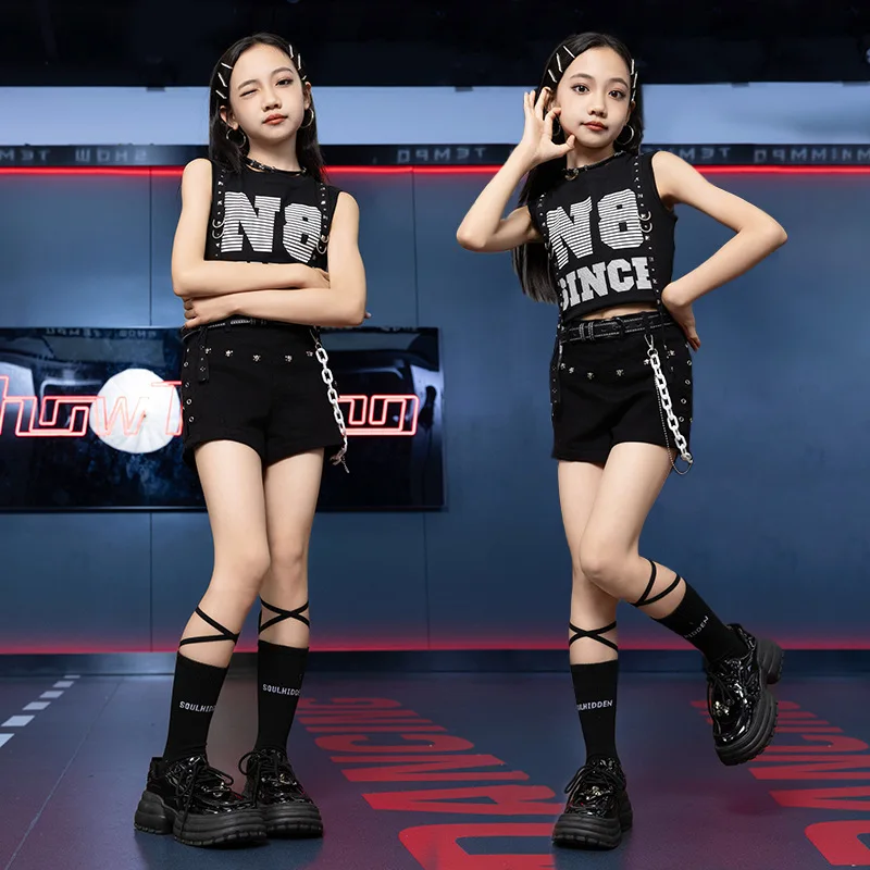 Childrens Hip Hop Dance Outfit Girls Hip Hop Jazz Stage Tight Exposed Navel Black Top Short Dancing Pants