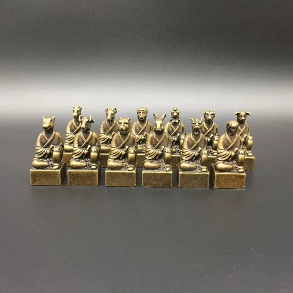 Set of 12 Mini Solid Brass Zodiac Animal Head Seals Desk Stamp Statue Collectible Gift