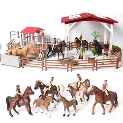 Scuola di equitazione stabile in fattoria con motociclisti e cavalli, cavaliere con foto Playset modello di figurina di animali regalo di compleanno di natale