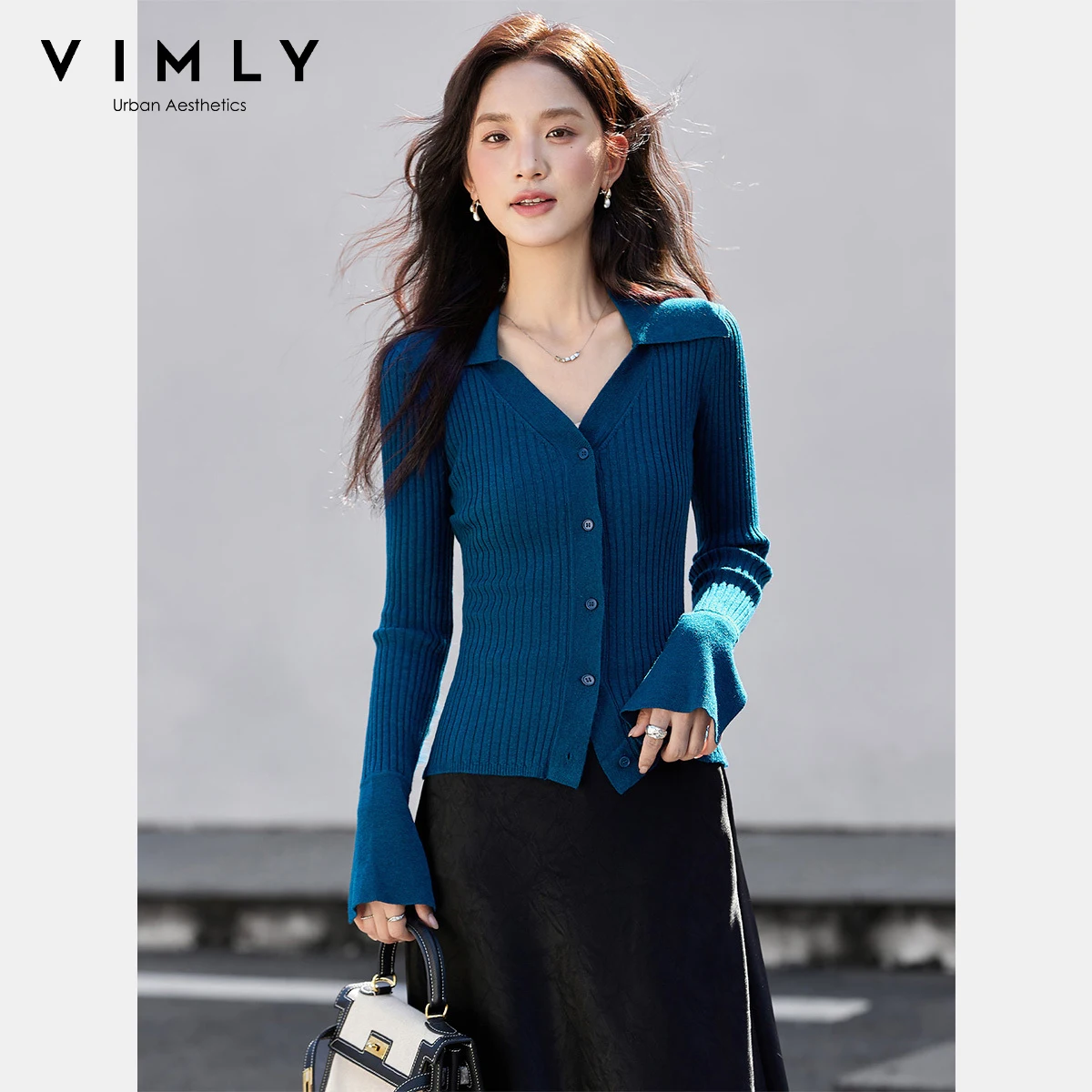 

VIMLY Blue Cardigans Ladies Knitted Casual Autumn 2025 Elegant V-neck Flare Sleeve Female Sweater Slim Fit Cardigan Femmes 75083