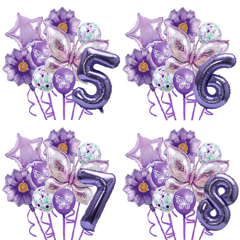 9pcs Butterfly Birthday Balloons sets Purple Butterfly Foil Balloon 32inch Number Balloon Birthday Party Decorations Supplies
