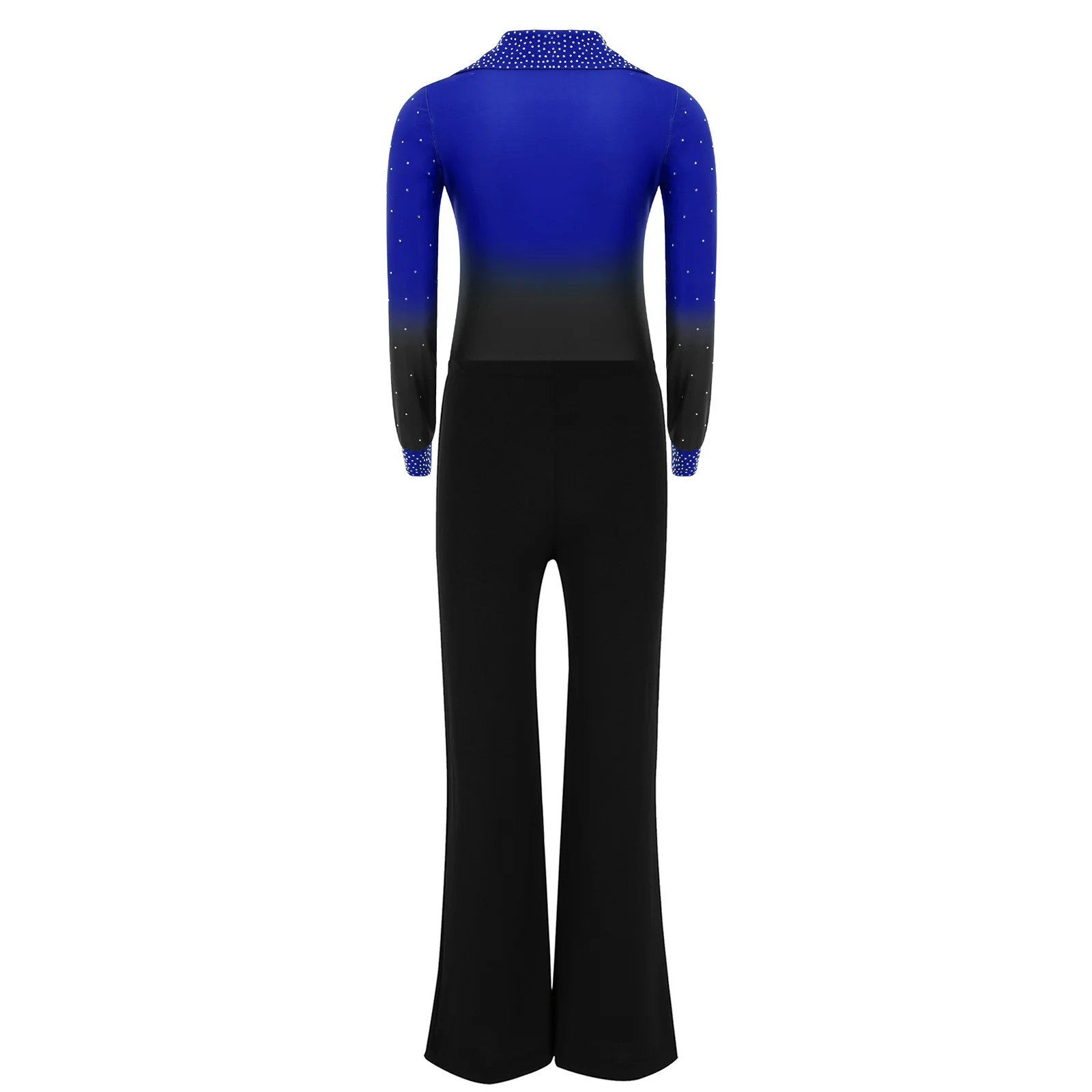 Kids Boys Jazz Latin Dance Outfit Shiny Rhinestones Gradient Color Turn-Down Collar Long Sleeve Leotard with Pants Disco Costume