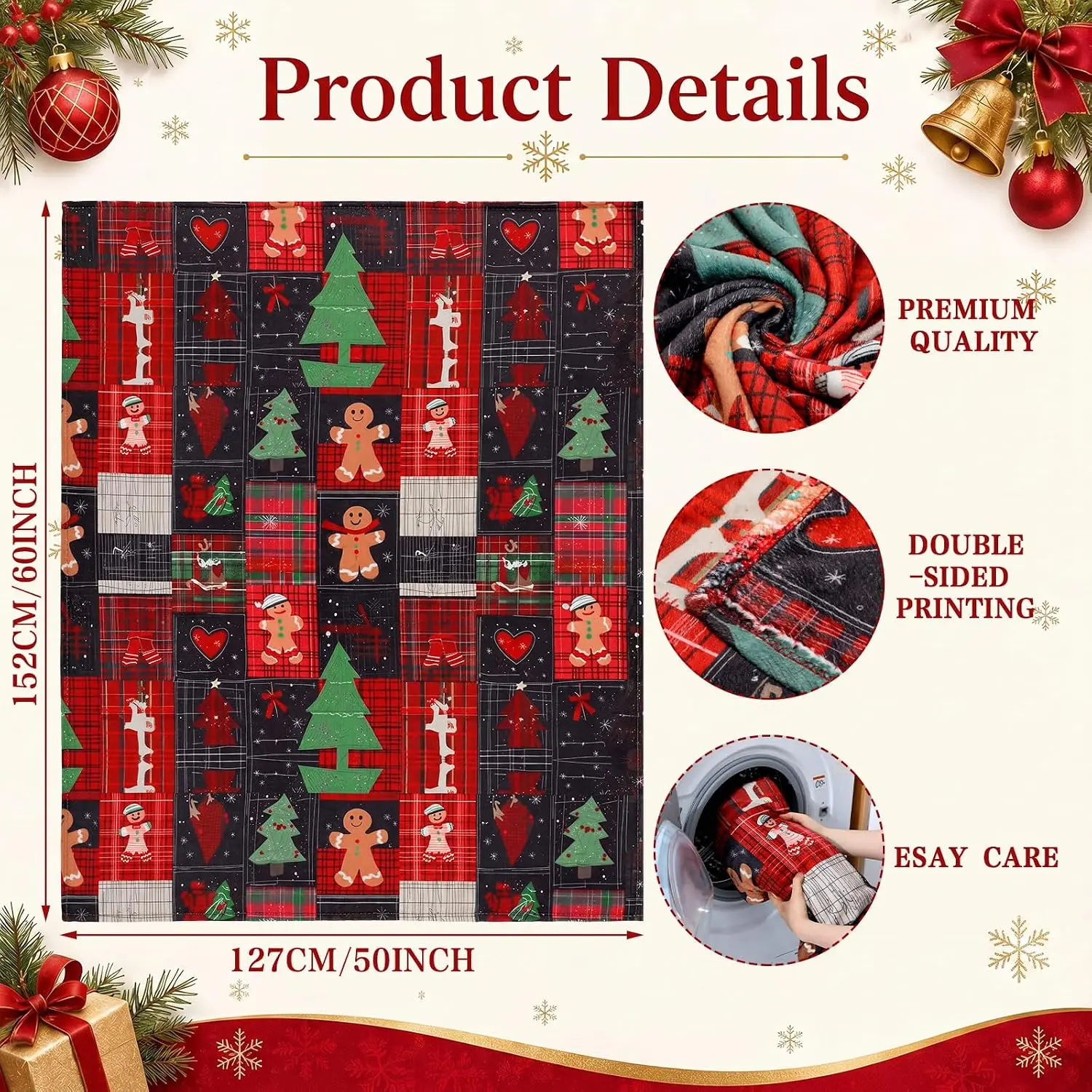 Fanfanwin Christmas Patchwork Gingerbread Man Throw Blanket, 50 x 60 Inch