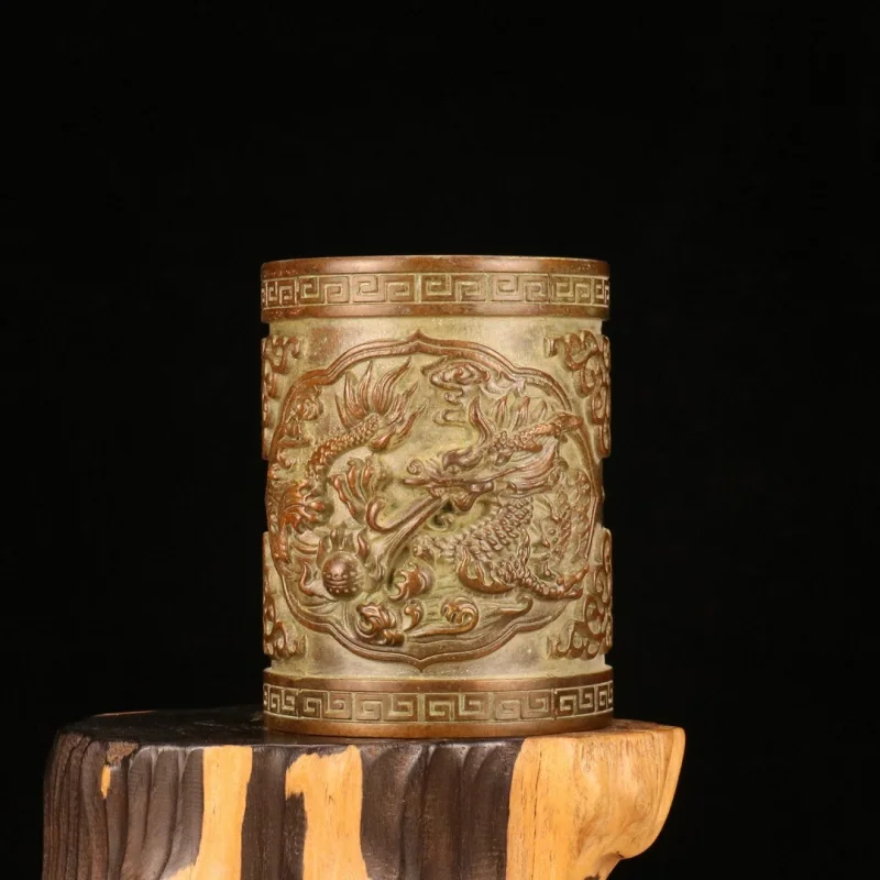Alloy Pattern , Study Room Home Decoration, Antique Bronze Double Dragon Pen Holder Ornament