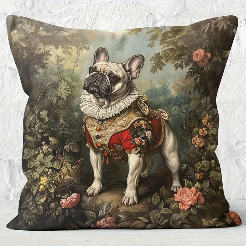 Decorative French Bulldog Dog Pillowcase Vintage Pet Art Cushion Cover Cottagecore Floral Botanical Throw Pillow Gift