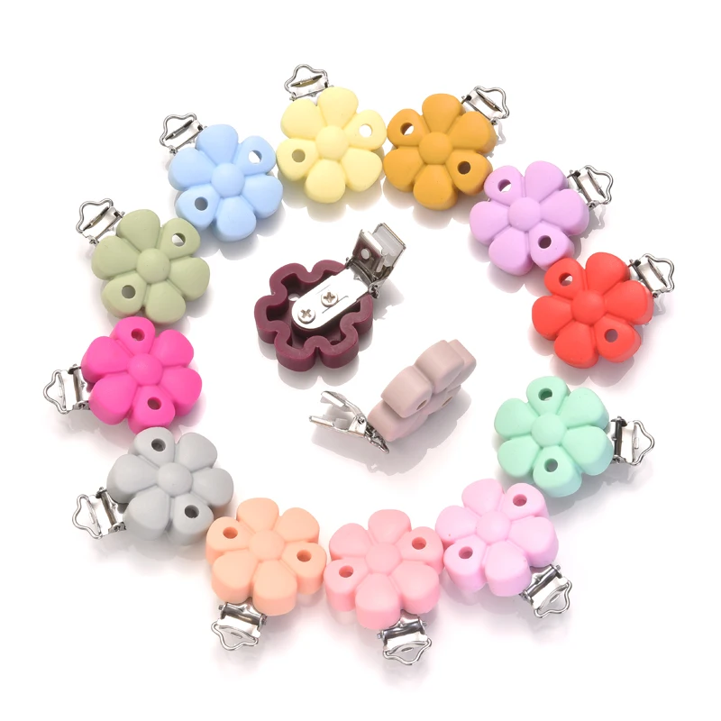 3Pcs/Lot Silicone Pacifier Clip Colorful Flower Shape Teether Clip For Nursing Mouse Teething Toy DIY Soother Dummy Holder Chain