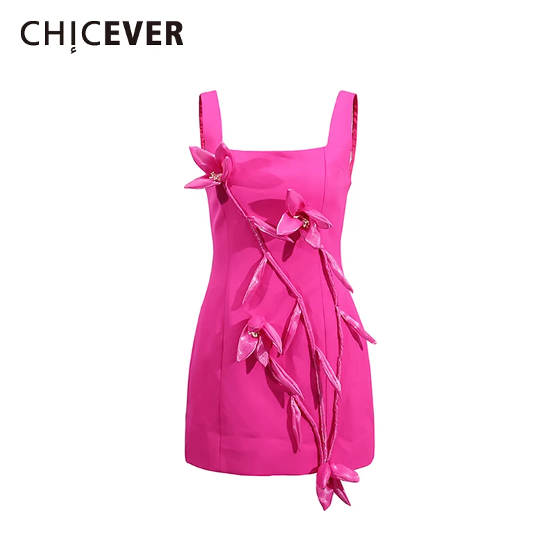 

CHICEVER Rose Color Spliced Appliques Dresses for Women Square Collar Sleeveless High Waist Slimming Mini Dress Female Fashion