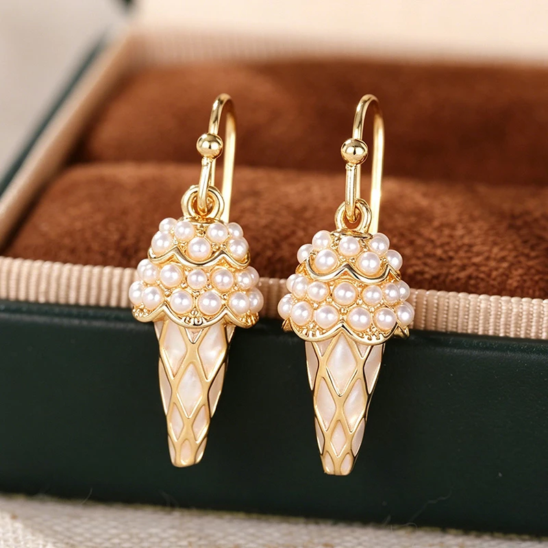 Huitan Cute Ice Cream Imitation Pearl Cluster Dangle Earrings for Women White Enamel Drop Earrings Funny Female Accessories Gift
