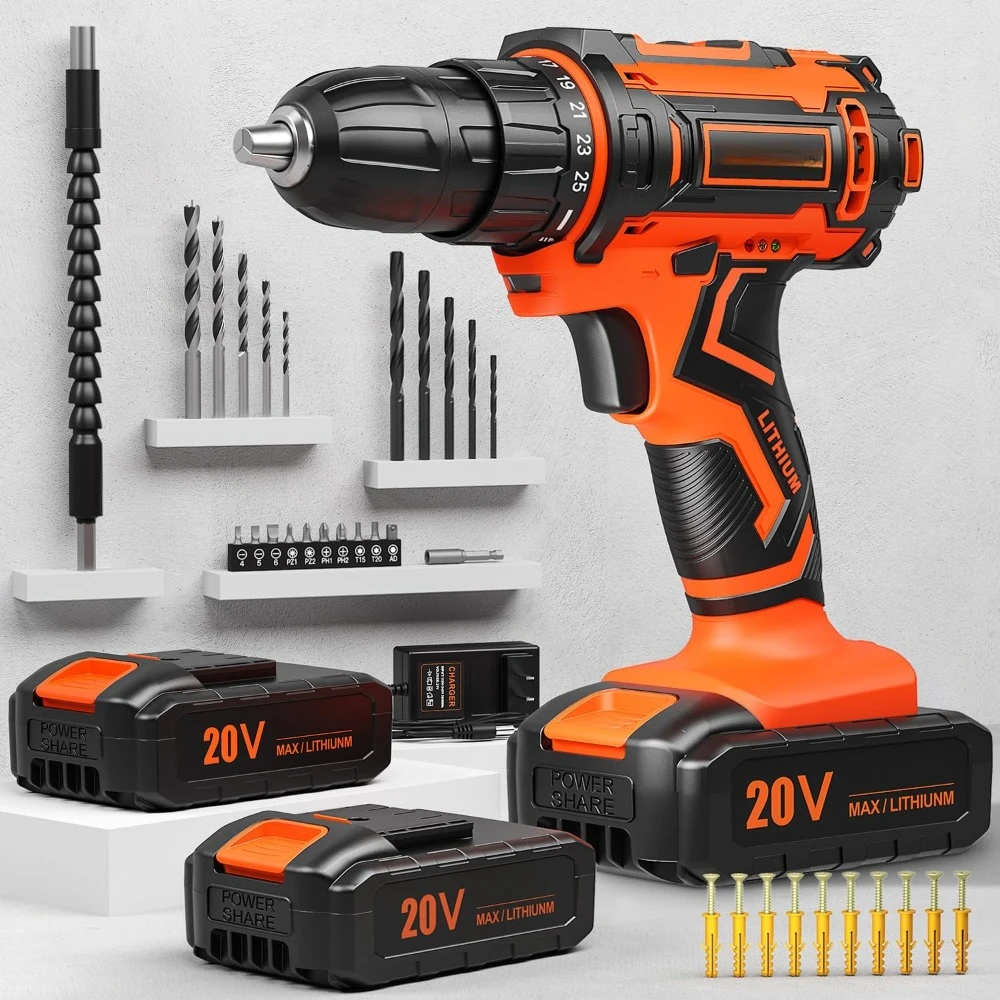 

Cordless Drill Set, 20V Power Drill set with 2 Batteries and Charger, 3/8 Inch Chuck Electric Drill, 25+1 Torque Setting