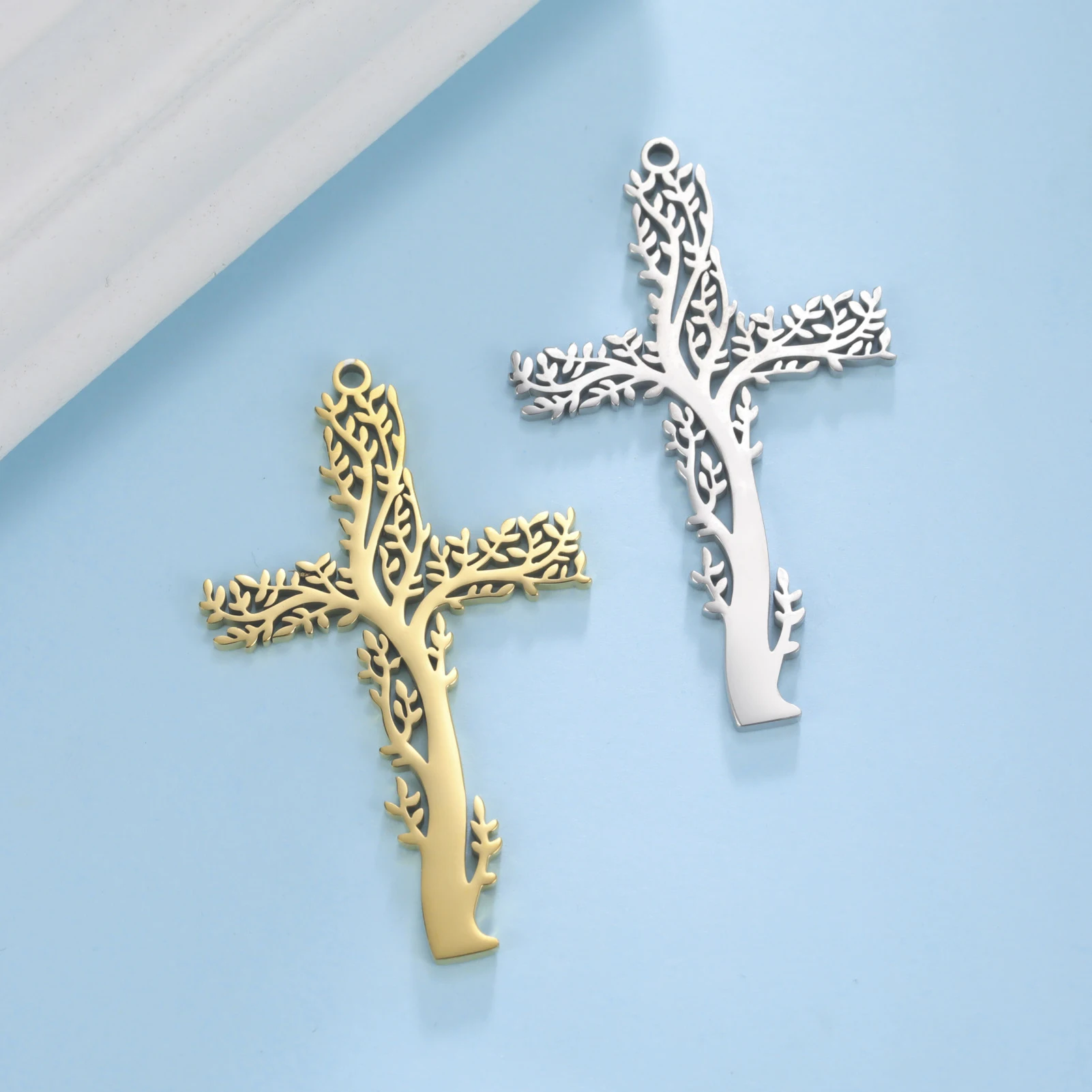 Tree of Life Cross Charms Stainless Steel Christian Jewelry Jesus Cross Pendant Jewelry DIY Handmade Craft