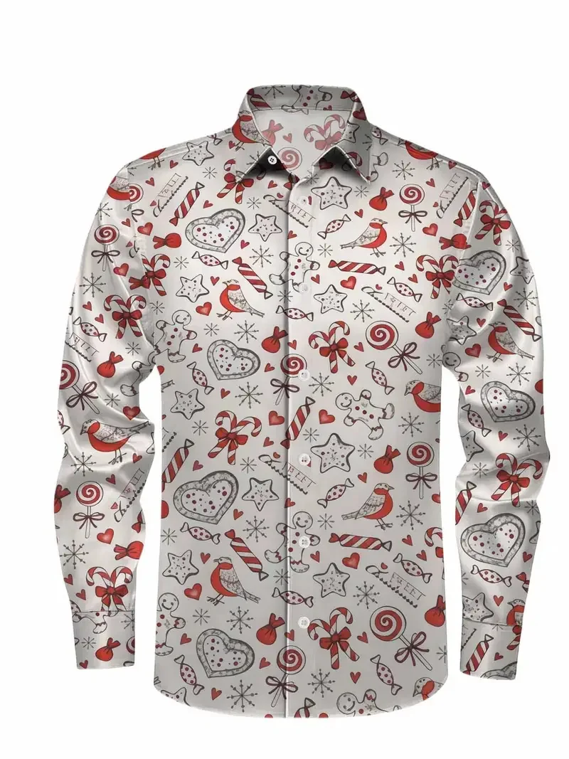 Christmas Themed men's 3D Hat Printed Formal Shirt  Christmas Pattern Long Sleeved Shirt  Fashionable men's Shirt