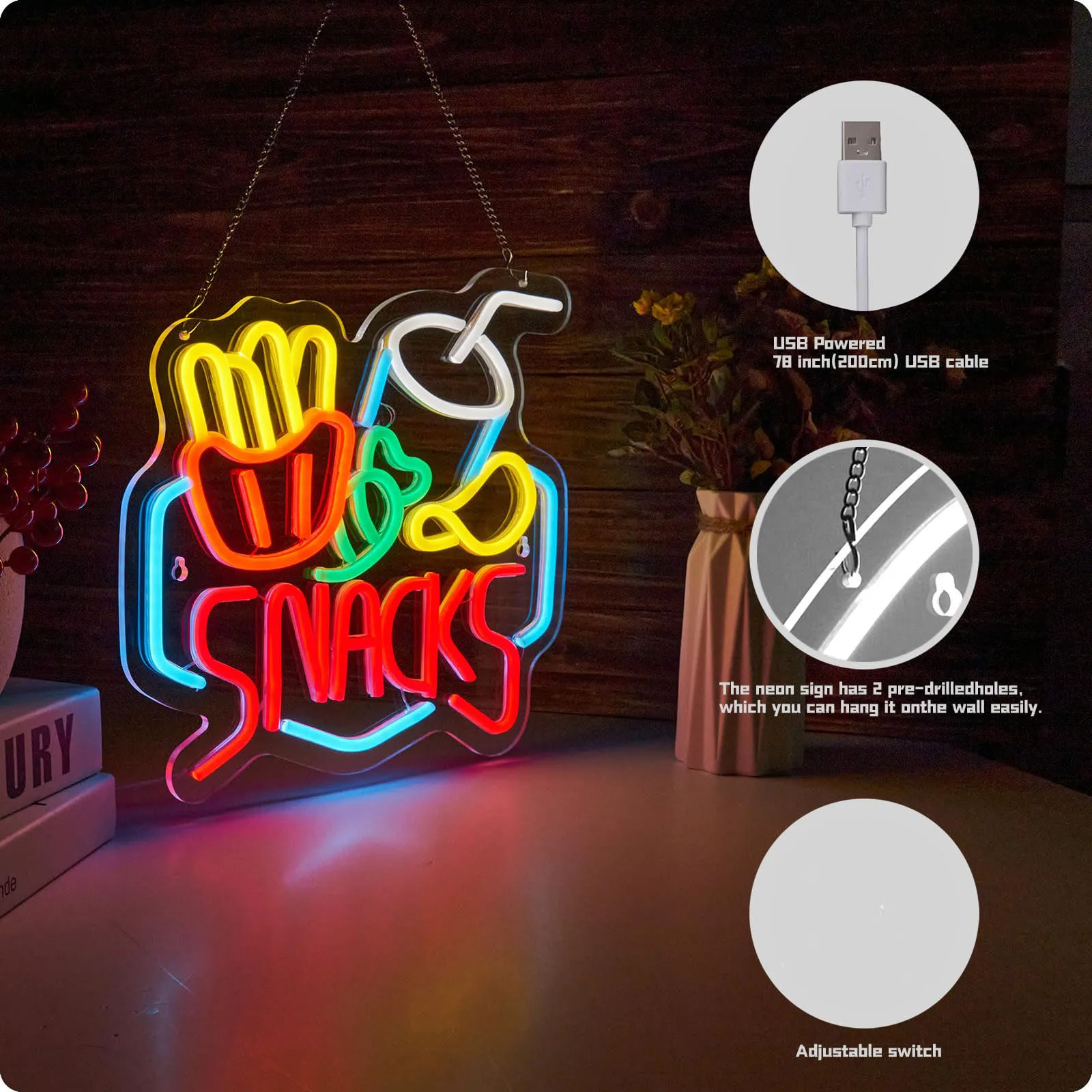 Snacks Neon Sign Dimmable LED Neon Light for Wall Decor Light Up Signs Snack Shop Coffee Bar Candy Shop Art Decor