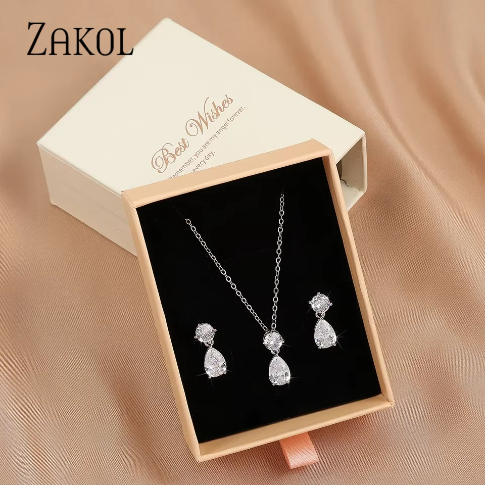 ZAKOL Delicate Water Drop Cubic Zirconia Jewelry Set Fashion White Color Earrings Necklace for Women Anniversary SP272