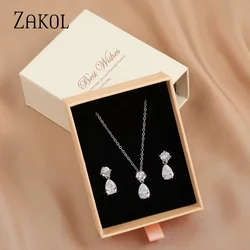 ZAKOL Delicate Water Drop Cubic Zirconia Jewelry Set Fashion White Color Earrings Necklace for Women Anniversary SP272