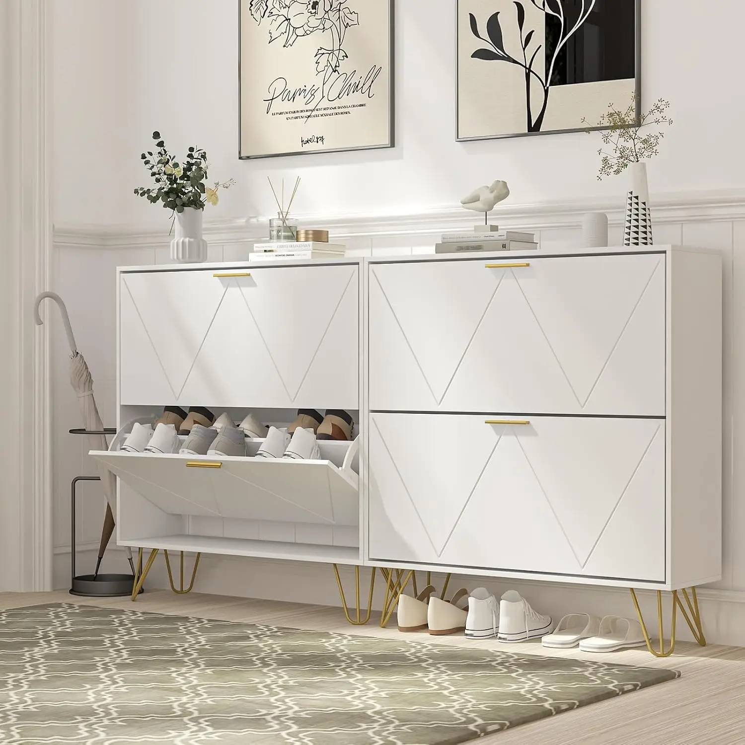 

2er Set Shoe Cabinet with 4 Flip Drawers, White Shoe Storage Cabinet, Slim Wooden Freestanding Shoe Rack, Shoe Organizer with F